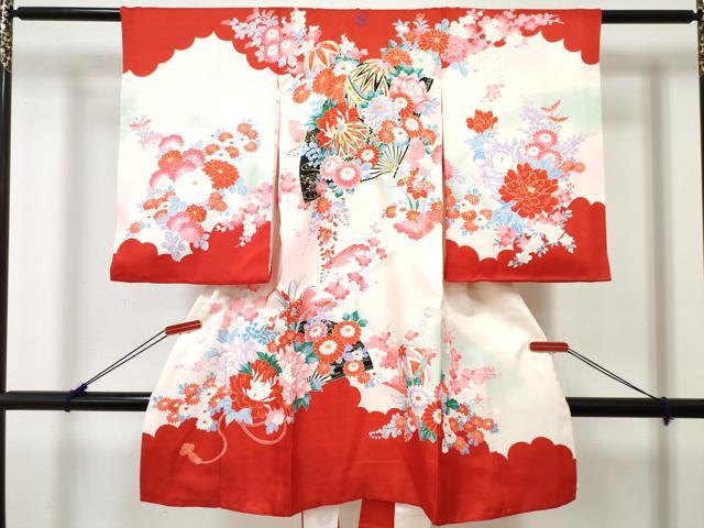 平和屋着物[]お宮参り　女の子　祝着　産着　初着　のしめ　扇面鞠花文　暈し染め　金彩　逸品　DABE7404ma