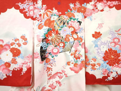 平和屋着物[]お宮参り　女の子　祝着　産着　初着　のしめ　扇面鞠花文　暈し染め　金彩　逸品　DABE7404ma