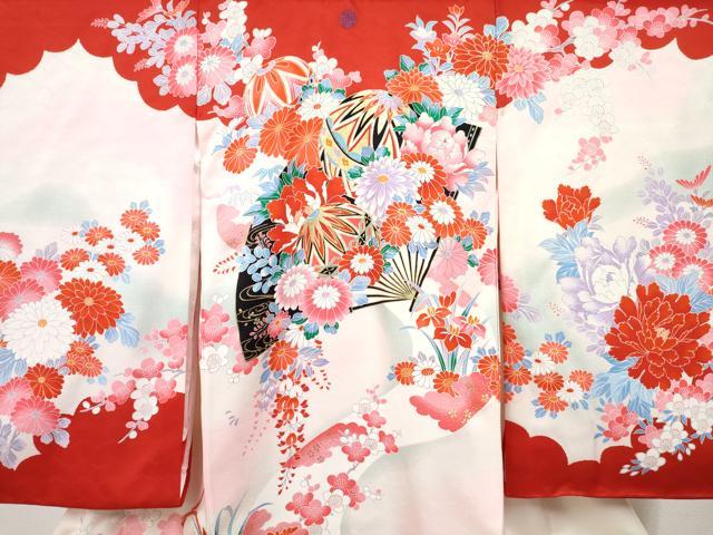 平和屋着物[]お宮参り　女の子　祝着　産着　初着　のしめ　扇面鞠花文　暈し染め　金彩　逸品　DABE7404ma