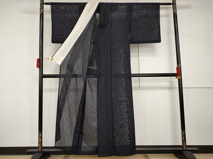 平和屋着物＊夏物　色無地　紗　よろけ縞　濃藍色　銀通し地　正絹　逸品　AABJ0805cs