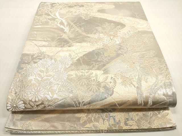 平和屋着物◎六通柄袋帯　流水草花文　京洛錦　二重引箔　金銀糸　正絹　逸品　DABG1346xg
