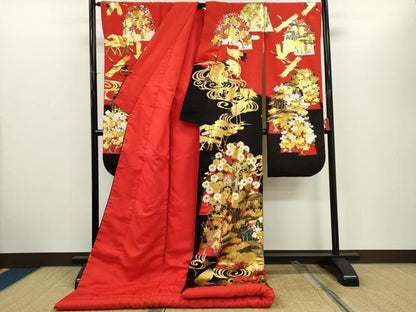 平和屋本店●本手描友禅作家　秋山章　お引きずり　色打掛　婚礼 和装　結婚式 花嫁 神社挙式 群鶴流水御所車花文 金銀彩 逸品 CABG2325ze