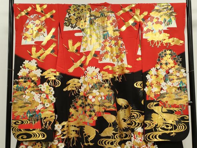 平和屋本店●本手描友禅作家　秋山章　お引きずり　色打掛　婚礼 和装　結婚式 花嫁 神社挙式 群鶴流水御所車花文 金銀彩 逸品 CABG2325ze
