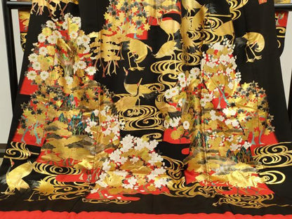 平和屋本店●本手描友禅作家　秋山章　お引きずり　色打掛　婚礼 和装　結婚式 花嫁 神社挙式 群鶴流水御所車花文 金銀彩 逸品 CABG2325ze