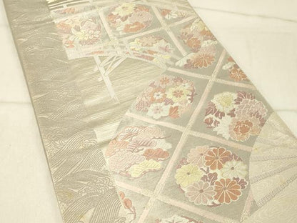 平和屋着物◎六通柄袋帯　唐織　渡橋格子花文　銀糸　三越扱い　正絹　逸品　DABF6992qp