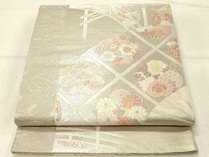 平和屋着物◎六通柄袋帯　唐織　渡橋格子花文　銀糸　三越扱い　正絹　逸品　DABF6992qp