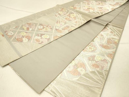 平和屋着物◎六通柄袋帯　唐織　渡橋格子花文　銀糸　三越扱い　正絹　逸品　DABF6992qp