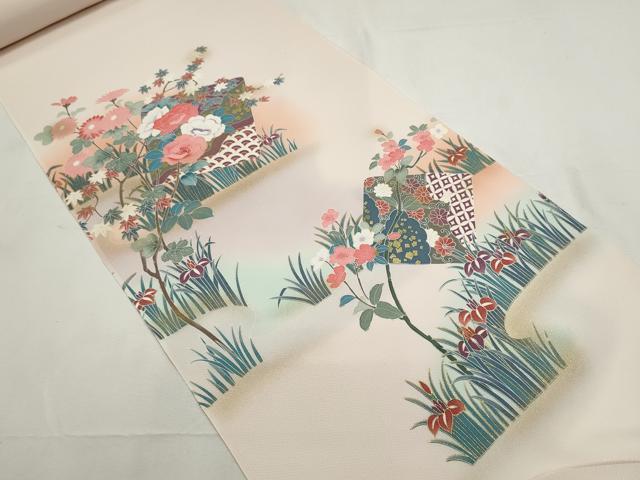 平和屋着物▼付下げ　反物　着尺　色紙吉祥花文　暈し染め　金彩　逸品　未使用　DABF8284we