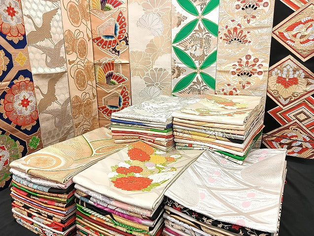平和屋着物■袋帯 西陣 まとめて100点 鳳凰 向かい鶴 向かい尾長鳥 蝶 更紗 花柄 楽器 七宝 正倉院 金銀糸 未使用品あり 全て正絹 mmm1088