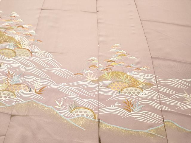 平和屋着物▼色留袖　解き反物　着尺　駒刺繍　籬草葉文　金彩　逸品　DABF6394zy