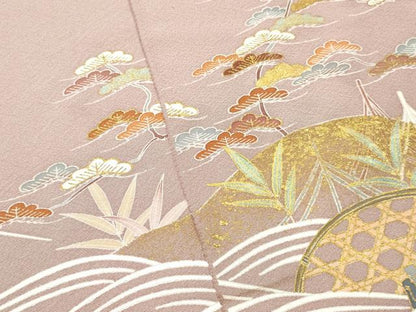 平和屋着物▼色留袖　解き反物　着尺　駒刺繍　籬草葉文　金彩　逸品　DABF6394zy