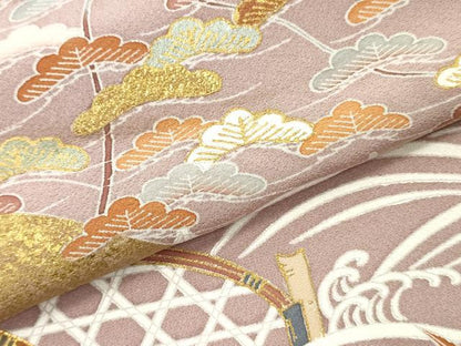 平和屋着物▼色留袖　解き反物　着尺　駒刺繍　籬草葉文　金彩　逸品　DABF6394zy