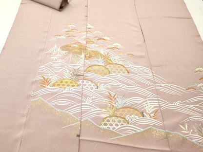 平和屋着物▼色留袖　解き反物　着尺　駒刺繍　籬草葉文　金彩　逸品　DABF6394zy