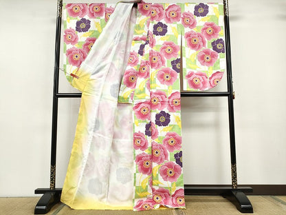 平和屋着物●小振袖　二尺袖　市松舞花文　洗える着物　未使用　CABH2654ut