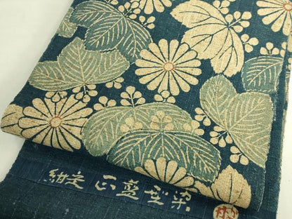 平和屋本店●希少　紺定　正藍型染師　田中昭夫　出羽の織座　八寸名古屋帯　桐花文　逸品　DZAB7262kh6
