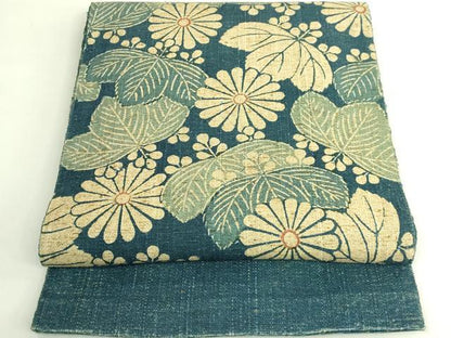 平和屋本店●希少　紺定　正藍型染師　田中昭夫　出羽の織座　八寸名古屋帯　桐花文　逸品　DZAB7262kh6