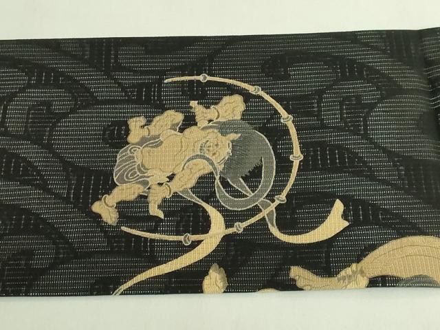 平和屋着物＊極上　夏物　九寸名古屋帯　風神雷神　黒地　逸品　DZAB7312kh6