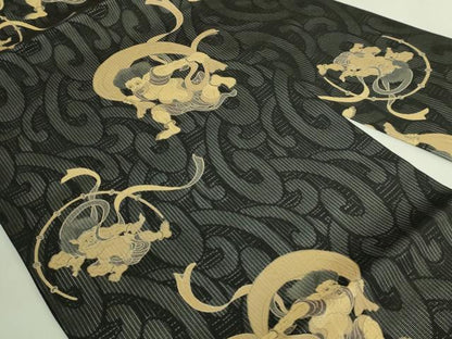 平和屋着物＊極上　夏物　九寸名古屋帯　風神雷神　黒地　逸品　DZAB7312kh6