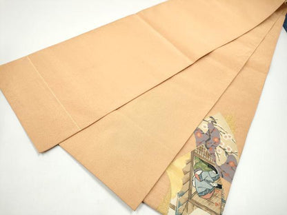 平和屋着物●爪掻き本綴れ　太鼓柄袋帯　人物地紙枝花文　金銀糸　正絹　逸品　CABH4997hy