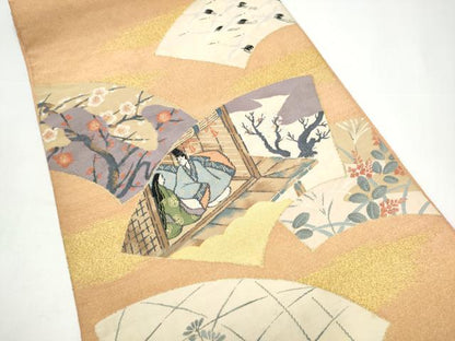 平和屋着物●爪掻き本綴れ　太鼓柄袋帯　人物地紙枝花文　金銀糸　正絹　逸品　CABH4997hy