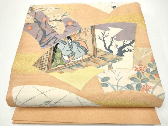 平和屋着物●爪掻き本綴れ　太鼓柄袋帯　人物地紙枝花文　金銀糸　正絹　逸品　CABH4997hy