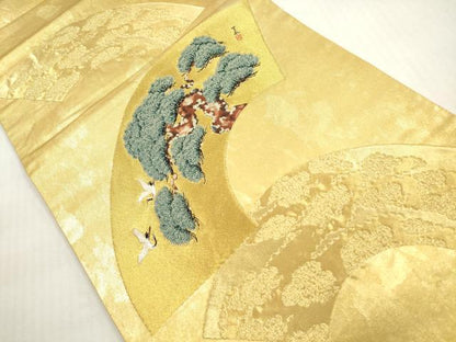 平和屋着物◎六通柄袋帯　唐織　地紙重ね　飛鶴枝松文　金糸　引箔　正絹　逸品　DABG1504xg