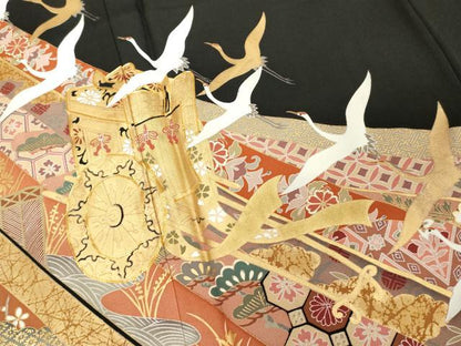 平和屋着物■豪華黒留袖　駒刺繍　御所車吉祥文　鶴　金彩　正絹　逸品　DABF9997cd