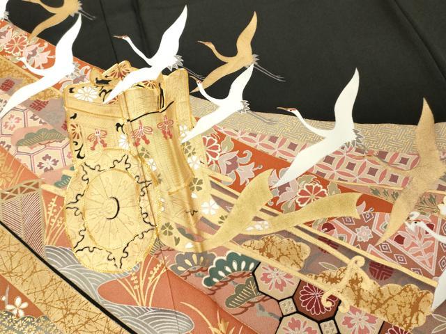 平和屋着物■豪華黒留袖　駒刺繍　御所車吉祥文　鶴　金彩　正絹　逸品　DABF9997cd