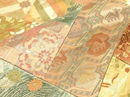 平和屋着物▼六通柄袋帯　切嵌め　名物裂　花兎　有栖川文　金糸　正絹　逸品　DABG0191az