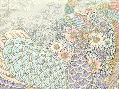 平和屋着物▼西陣　長嶋成織物　ながしま帯　六通柄袋帯　孔雀の花園　金糸　証紙付き　正絹　逸品　未使用　DABG0173az