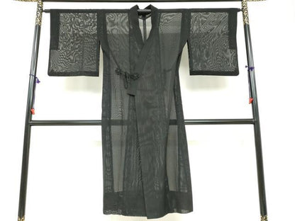 平和屋着物▽道中着　スリーシーズン　春夏秋　塵除け　二重紗　縞　黒地　正絹　逸品　DABF1889ud