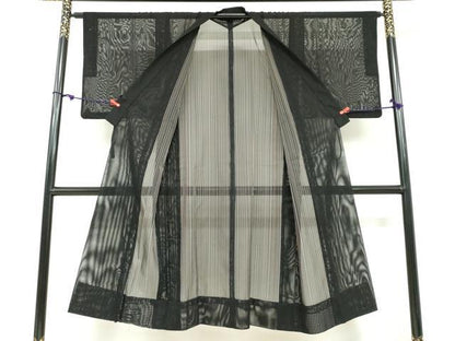 平和屋着物▽道中着　スリーシーズン　春夏秋　塵除け　二重紗　縞　黒地　正絹　逸品　DABF1889ud