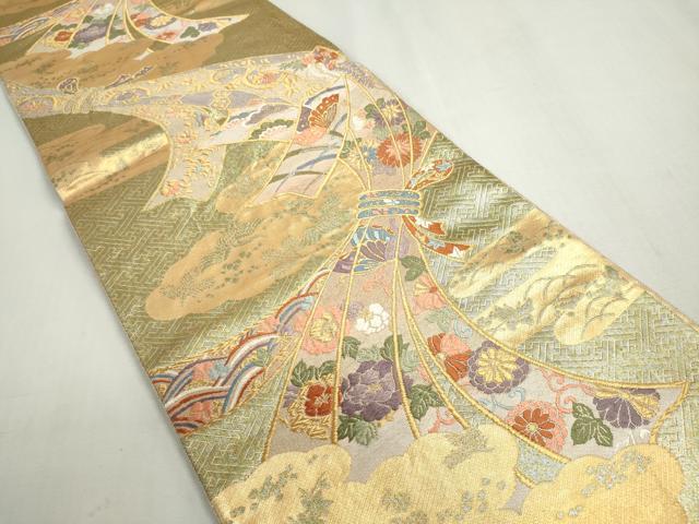 平和屋着物◎六通柄袋帯　唐織　九百佐賀錦　能衣桃山祭典　金糸　正絹　逸品　DABF8293we