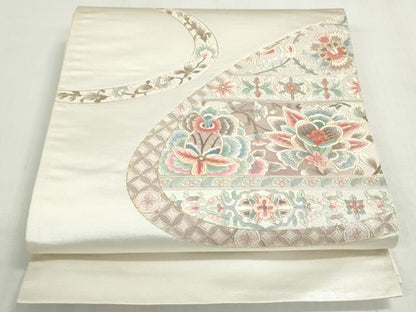 平和屋着物◎太鼓柄袋帯　駒刺繍　総刺繍　更紗花文　金糸　正絹　逸品　DABF8338we