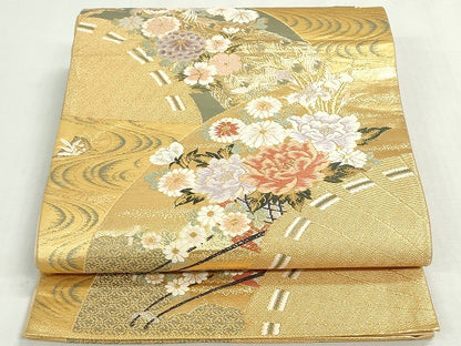 平和屋着物◎六通柄袋帯　唐織　檜扇花車文　金糸　正絹　逸品　DABF8327we