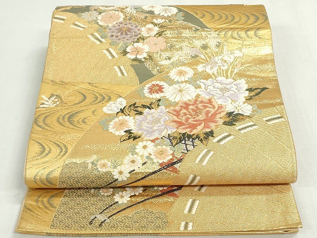 平和屋着物◎六通柄袋帯　唐織　檜扇花車文　金糸　正絹　逸品　DABF8327we