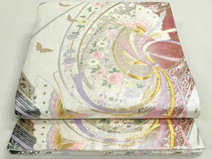 平和屋着物◎佐賀錦　六通柄袋帯　唐織　束ね熨斗花蝶文　金銀糸　正絹　逸品　DABF8309we