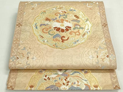 平和屋着物◎六通柄袋帯　唐織　花鳥絵皿文　金糸　正絹　逸品　DABF8303we