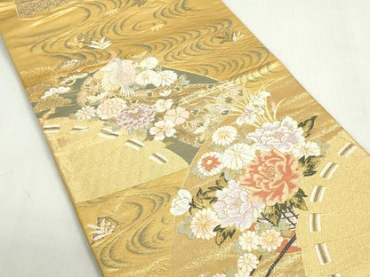 平和屋着物◎六通柄袋帯　唐織　檜扇花車文　金糸　正絹　逸品　DABF8327we
