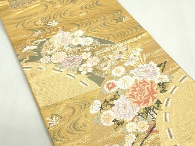 平和屋着物◎六通柄袋帯　唐織　檜扇花車文　金糸　正絹　逸品　DABF8327we