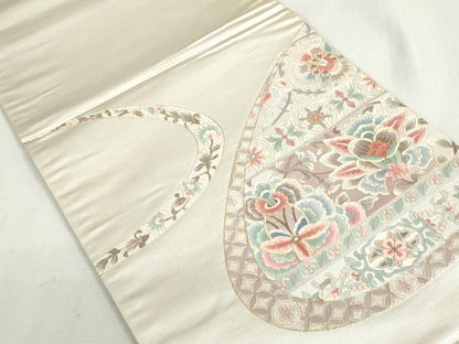 平和屋着物◎太鼓柄袋帯　駒刺繍　総刺繍　更紗花文　金糸　正絹　逸品　DABF8338we