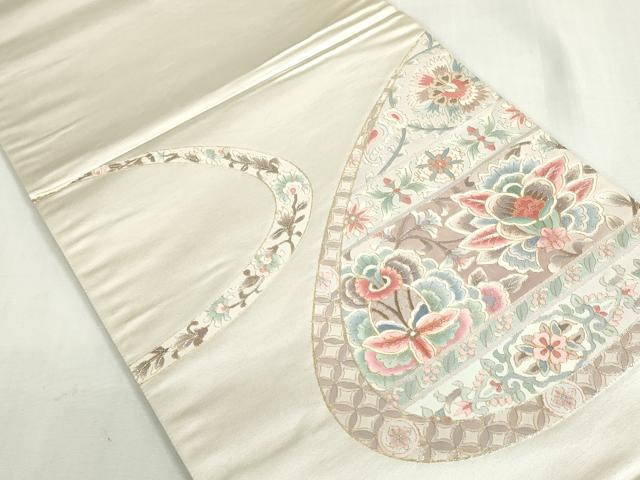 平和屋着物◎太鼓柄袋帯　駒刺繍　総刺繍　更紗花文　金糸　正絹　逸品　DABF8338we