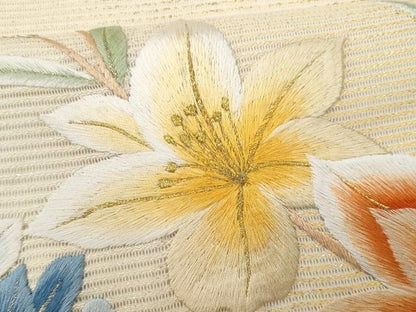 平和屋着物＊夏物　九寸名古屋帯　総手刺繍　枝花文　金糸　正絹　逸品　CABG9896fb