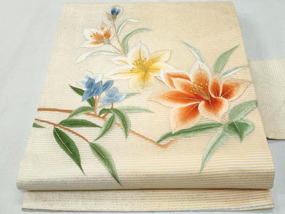 平和屋着物＊夏物　九寸名古屋帯　総手刺繍　枝花文　金糸　正絹　逸品　CABG9896fb