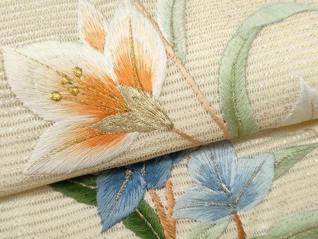 平和屋着物＊夏物　九寸名古屋帯　総手刺繍　枝花文　金糸　正絹　逸品　CABG9896fb