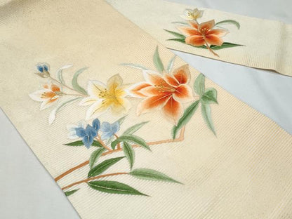平和屋着物＊夏物　九寸名古屋帯　総手刺繍　枝花文　金糸　正絹　逸品　CABG9896fb