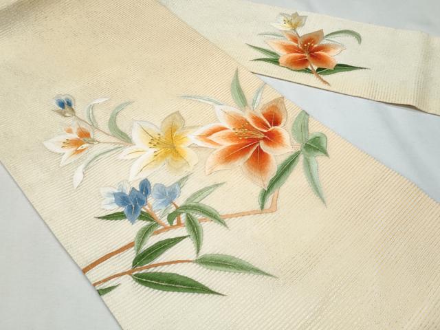 平和屋着物＊夏物　九寸名古屋帯　総手刺繍　枝花文　金糸　正絹　逸品　CABG9896fb