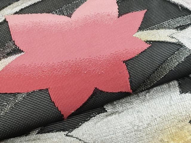 平和屋着物＊夏物　九寸名古屋帯　芝草楓文　黒地　金銀糸　正絹　逸品　CABG9908fb