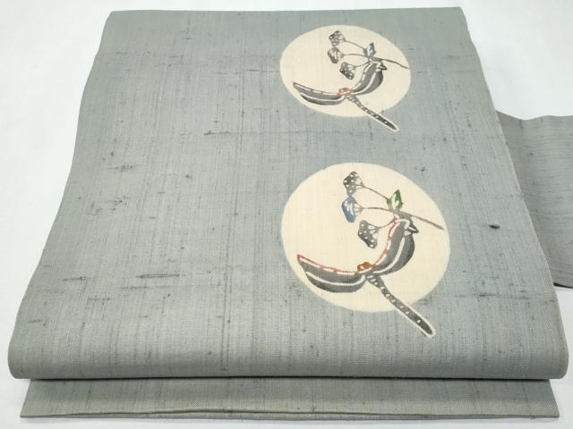 平和屋着物＊夏物　九寸名古屋帯　紬地　型染め　とんぼ　正絹　逸品　CABG9906fb