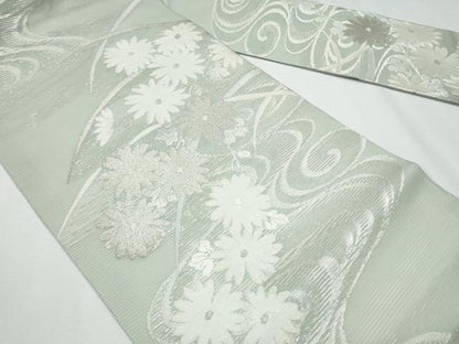 平和屋着物＊夏物　九寸名古屋帯　流水菊文　銀糸　正絹　逸品　CABG9902fb